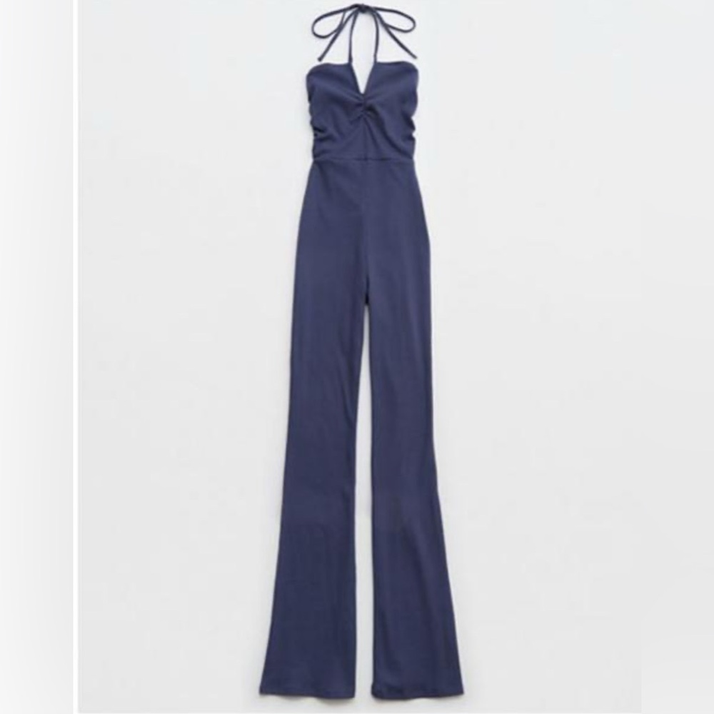 Aerie Blue Wide-Leg Halter Ripped Jumpsuit